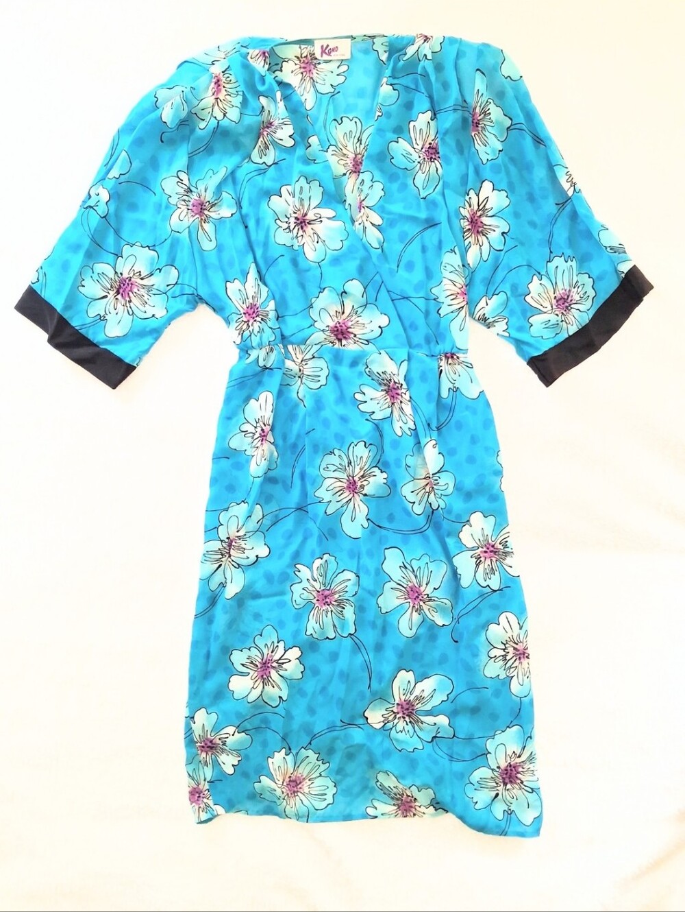 1980's Vintage Kono Blue Floral Sheer Wrap Dress Midi Kimono Sleeves Size XS